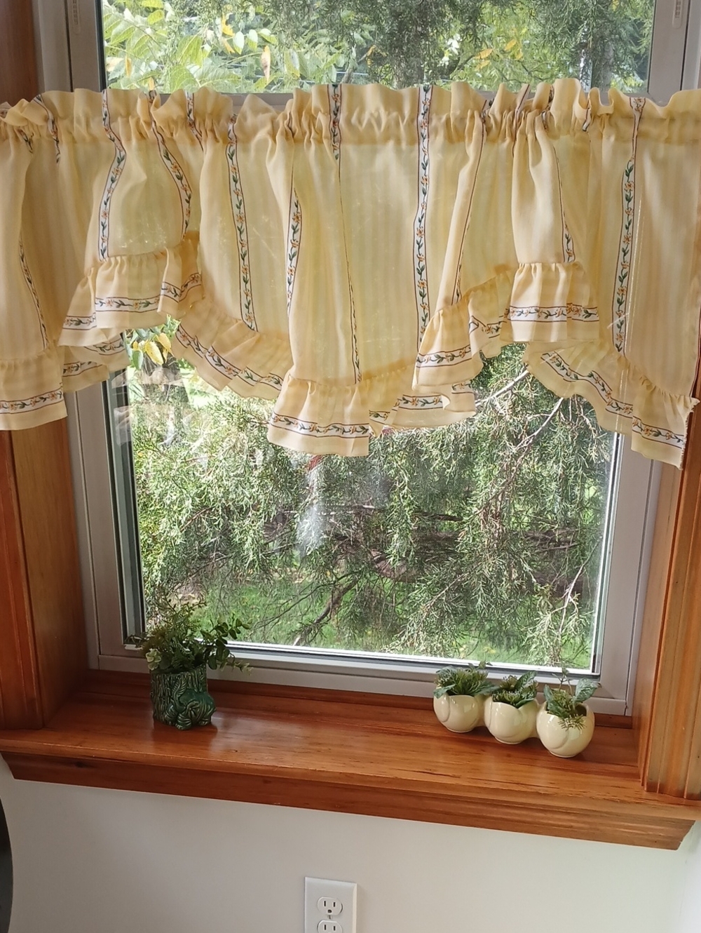 Pair Vintage Yellow Floral Stripe Window Valance Curtains Ruffled Hem